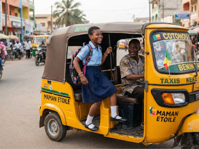 Une élève en uniforme monte en souriant dans un keke jaune à Cotonou, son cartable sur le dos, le conducteur au volant