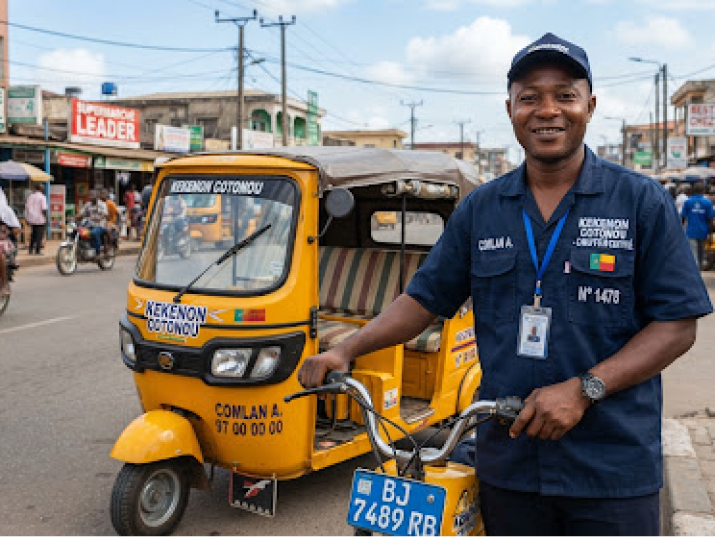 Comlan A., kekenon certifié, debout à côté de son tricycle jaune à Abomey-Calavi